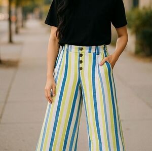 Ana A New Approach Linen Pants Size XS Green Blue Striped With Pockets
